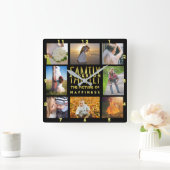 ファミリーフォトコラージュ名前の追加テンプレート金ゴールド黒 スクエア壁時計 (ホーム)