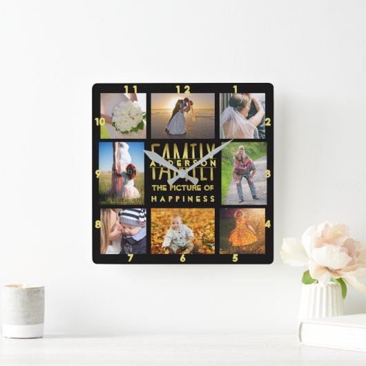 ファミリーフォトコラージュ名前の追加テンプレート金ゴールド黒 スクエア壁時計 (ホーム)