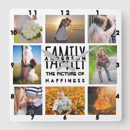 ファミリーフォトコラージュ名前の追加テンプレート | 8写真 スクエア壁時計 (正面)