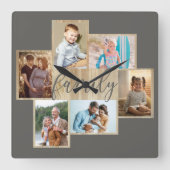 ファミリーフォトコラージュ木目縁ど粒温灰色 スクエア壁時計 (正面)