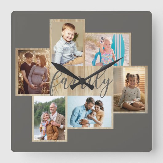 ファミリーフォトコラージュ木目縁ど粒温灰色 スクエア壁時計 (正面)