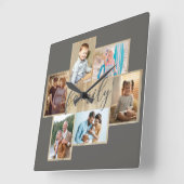 ファミリーフォトコラージュ木目縁ど粒温灰色 スクエア壁時計 (傾斜)