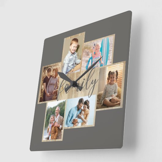 ファミリーフォトコラージュ木目縁ど粒温灰色 スクエア壁時計 (傾斜)
