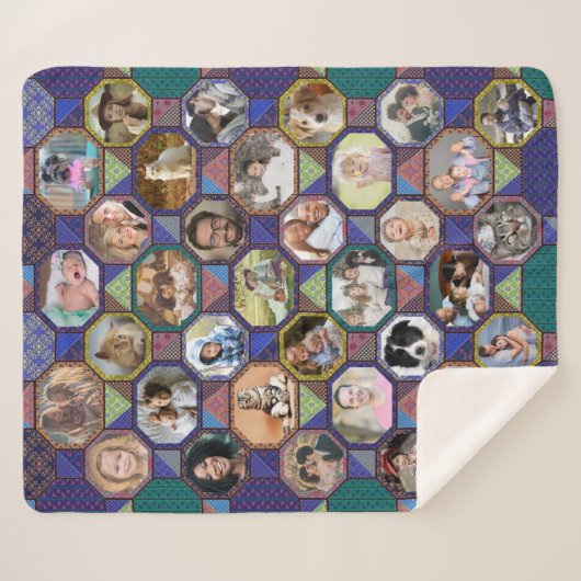 ファミリーフォトコラージュ簡単ダークキルトルック35写真 シェルパブランケット (正面(横))