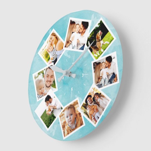 ファミリーフォトコラージュ素朴ライトブルー ラージ壁時計 (傾斜)