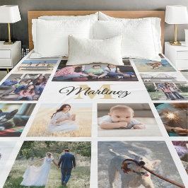 ファミリーフォトコラージュ金ゴールド白黒 モノグラムの フリースブランケット