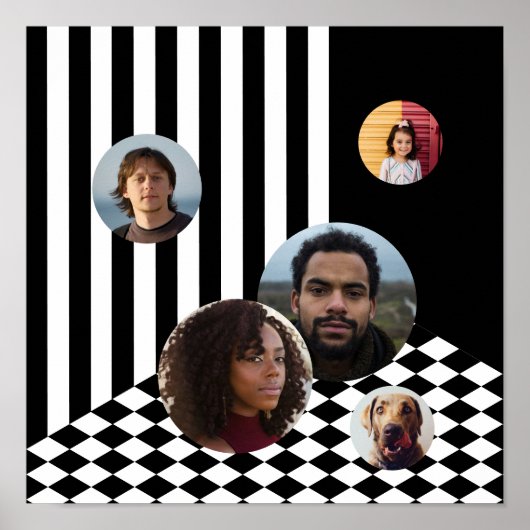 ファミリーフォトコラージュ黒ストライプ白市松模様に色 ポスター (正面)