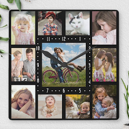 ファミリーフォトコラージュ11インスタグラム写真 |黒 スクエア壁時計