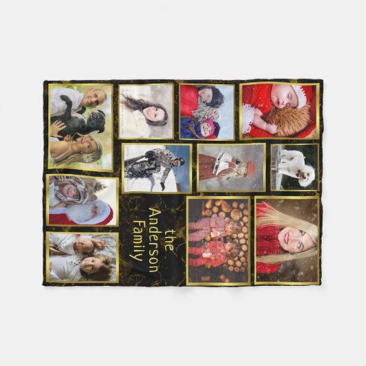 ファミリーフォトコラージュ11フォトブラックマーブル金ゴールド簡単 フリースブランケット (正面(横))