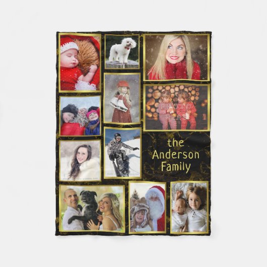 ファミリーフォトコラージュ11フォトブラックマーブル金ゴールド簡単 フリースブランケット (正面)