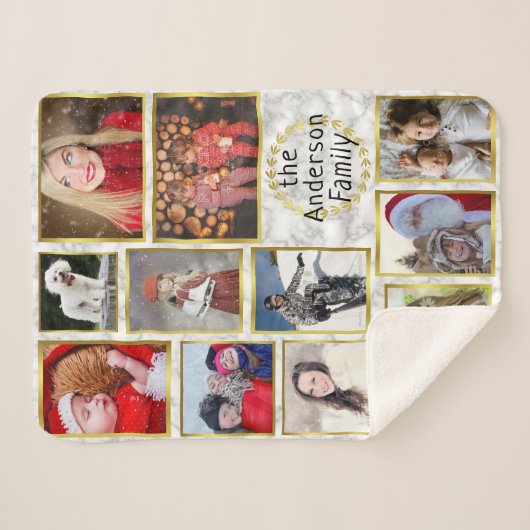 ファミリーフォトコラージュ11写真マーブル金ゴールド簡単 シェルパブランケット (正面(横))