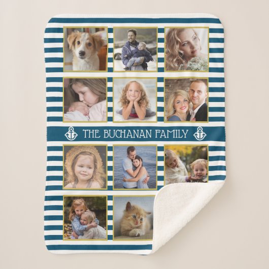 ファミリーフォトコラージュ12写真名ストライプ シェルパブランケット (正面)