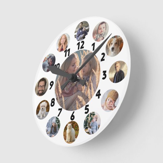 ファミリーフォトコラージュ13インスタグラム写真 |白 ラウンド壁時計 (傾斜)