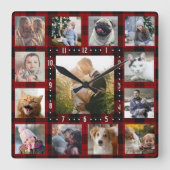 ファミリーフォトコラージュ13インスタグラム写真 |赤い格子縞 スクエア壁時計 (正面)