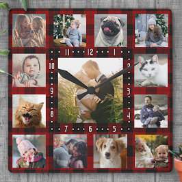 ファミリーフォトコラージュ13インスタグラム写真 |赤い格子縞 スクエア壁時計
