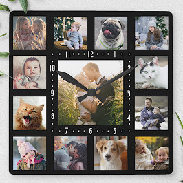 ファミリーフォトコラージュ13インスタグラム写真 |黒 スクエア壁時計