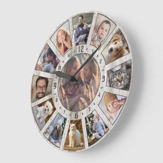 ファミリーフォトコラージュ13ファームハウスウッドカスタム簡単 ラージ壁時計 (傾斜)