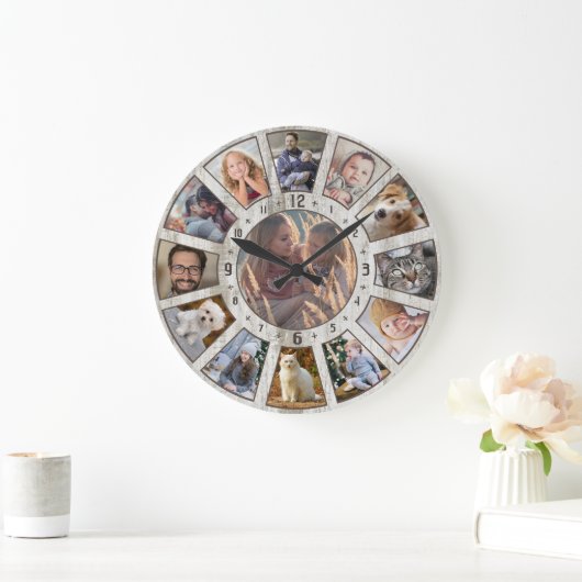 ファミリーフォトコラージュ13ファームハウスウッドカスタム簡単 ラージ壁時計 (ホーム)