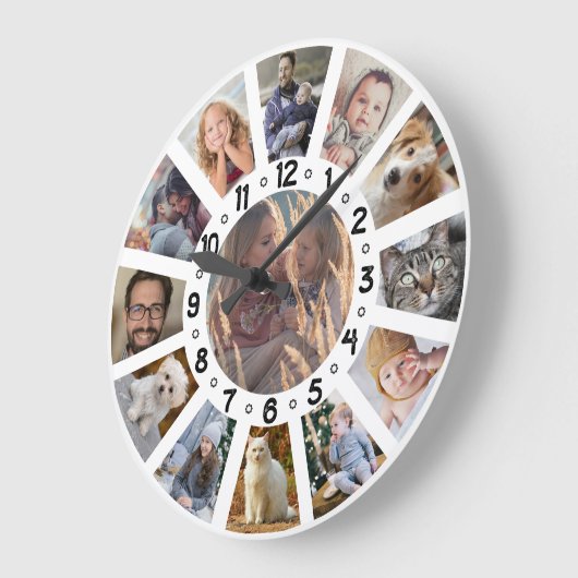 ファミリーフォトコラージュ13写真と数字簡単 ラージ壁時計 (傾斜)