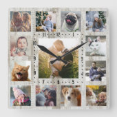 ファミリーフォトコラージュ13写真素朴ファームハウスウッド スクエア壁時計 (正面)