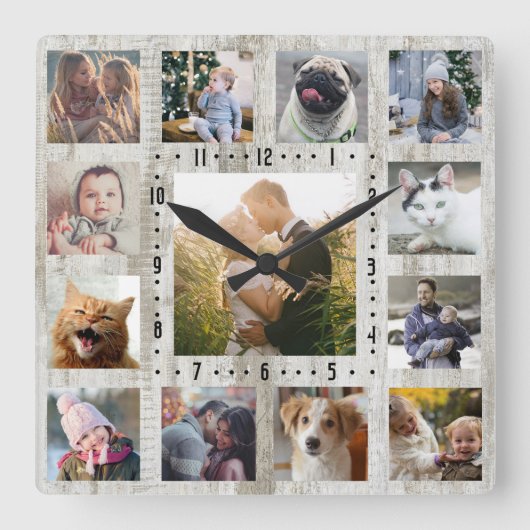 ファミリーフォトコラージュ13写真素朴ファームハウスウッド スクエア壁時計 (正面)