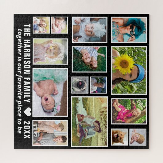 ファミリーフォトコラージュ15カスタム白黒スクエア ジグソーパズル (横)