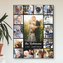ファミリーフォトコラージュ15写真+ネームブラック簡単 キャンバスプリント