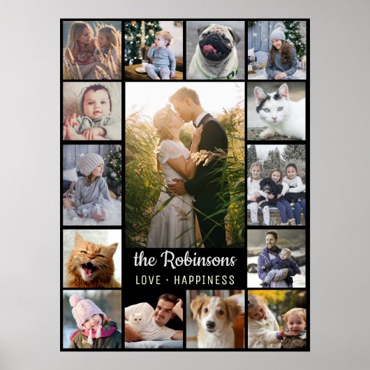 ファミリーフォトコラージュ15写真+ネームブラック簡単 ポスター (正面)