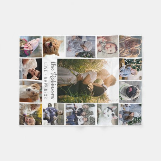 ファミリーフォトコラージュ15写真+名前グレーホワイト フリースブランケット (正面(横))