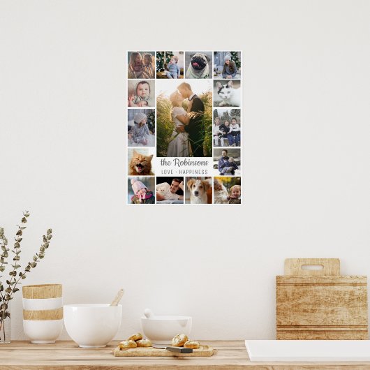ファミリーフォトコラージュ15写真+名前グレーホワイト ポスター (キッチン)