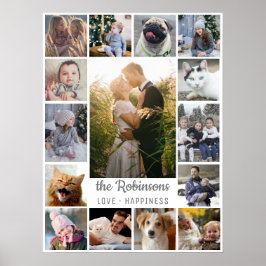ファミリーフォトコラージュ15写真+名前グレーホワイト ポスター