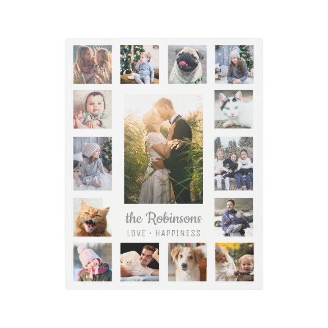 ファミリーフォトコラージュ15写真+名前グレーホワイト メタルプリント (正面)