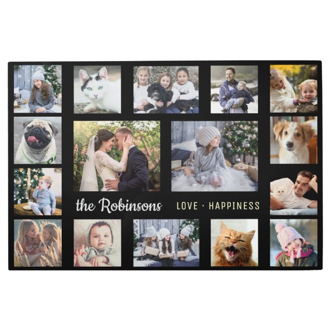 ファミリーフォトコラージュ16写真+ネームブラック簡単 メタルプリント (正面)