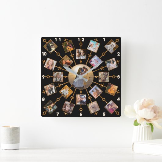 ファミリーフォトコラージュ21写真かわいらしブラック金ゴールド スクエア壁時計 (ホーム)