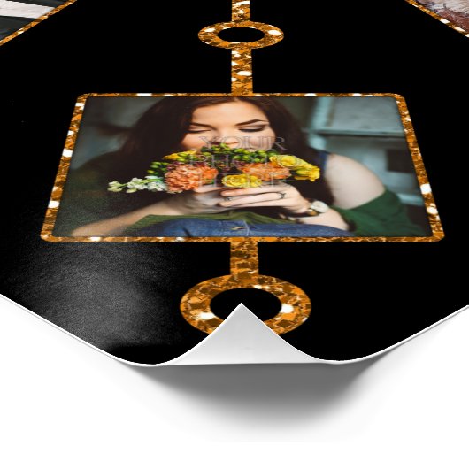 ファミリーフォトコラージュ21写真かわいらしブラック金ゴールド ポスター (コーナー)