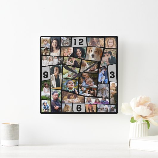 ファミリーフォトコラージュ29簡単テンプレートカット写真 スクエア壁時計 (ホーム)