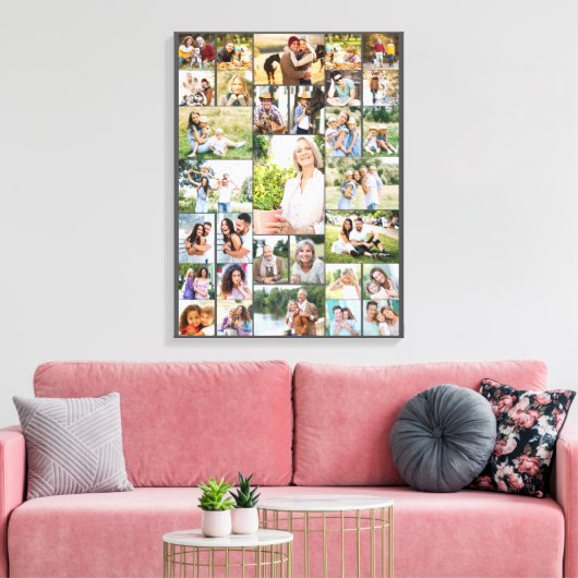ファミリーフォトコラージュ31写真ダークグレー キャンバスプリント (インサイチュ (リビング))