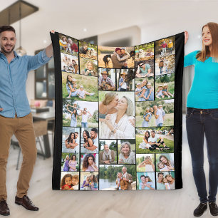 ファミリーフォトコラージュ31写真ブラック フリースブランケット