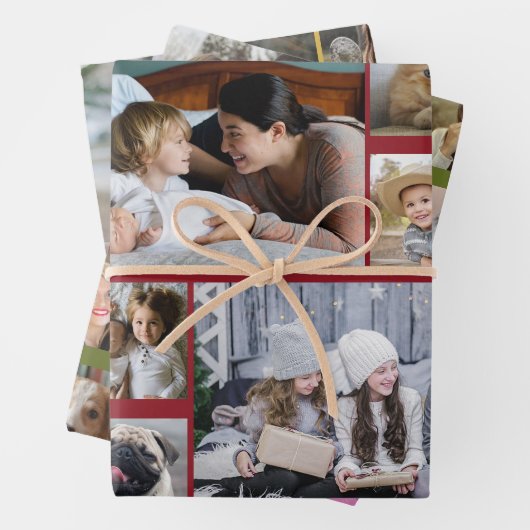 ファミリーフォトコラージュ36写真3色カスタム ラッピングペーパーシート (インサイチュ)