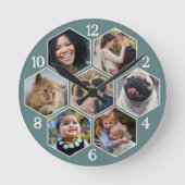 ファミリーフォトコラージュ7カスタムティール(緑がかった色)六角フラワー ラウンド壁時計 (正面)