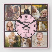 ファミリーフォトコラージュ8インスタグラム写真楕円形ピンク スクエア壁時計 (正面)