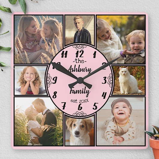 ファミリーフォトコラージュ8インスタグラム写真楕円形ピンク スクエア壁時計