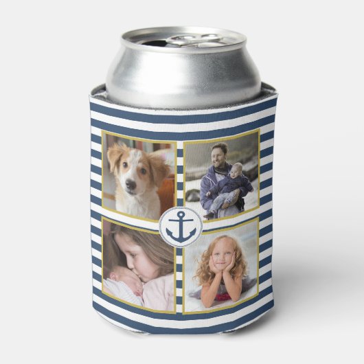 ファミリーフォトコラージュ8写真モノグラムいかりストライプ 缶クーラー (缶正面)