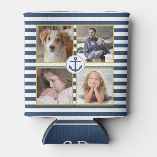ファミリーフォトコラージュ8写真モノグラムいかりストライプ 缶クーラー