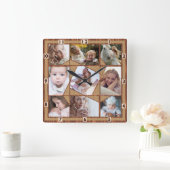 ファミリーフォトコラージュ9インスタグラム写真ウッドバーラップ スクエア壁時計 (ホーム)