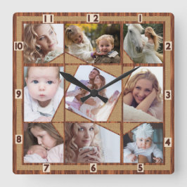 ファミリーフォトコラージュ9インスタグラム写真ウッドバーラップ スクエア壁時計