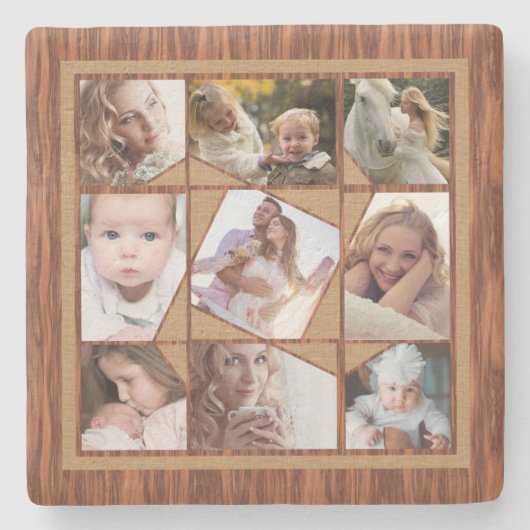 ファミリーフォトコラージュ9インスタグラム写真ウッドバーラップ ストーンコースター (正面)