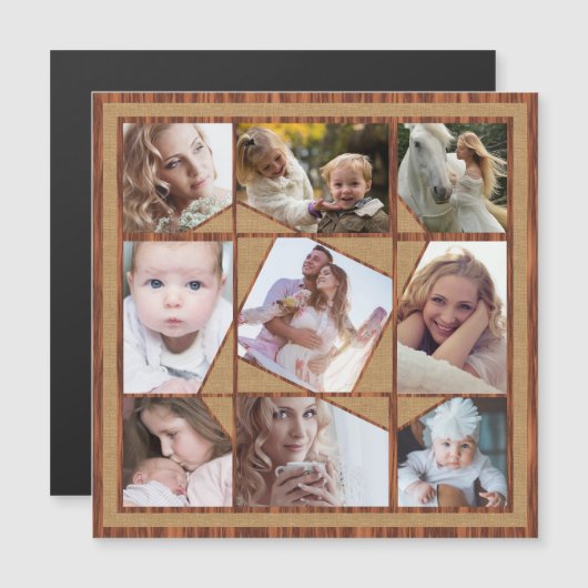 ファミリーフォトコラージュ9インスタグラム写真ウッドバーラップ マグネット招待状 (正面/裏面)