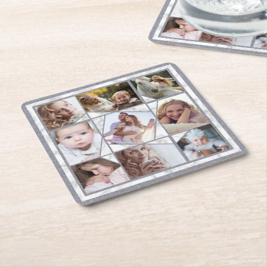 ファミリーフォトコラージュ9インスタグラム写真|大理石 スクエアペーパーコースター (アングル)