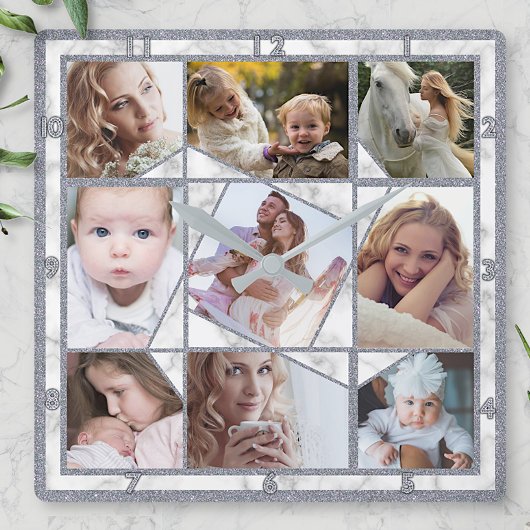 ファミリーフォトコラージュ9 Instagram写真 |大理石 スクエア壁時計